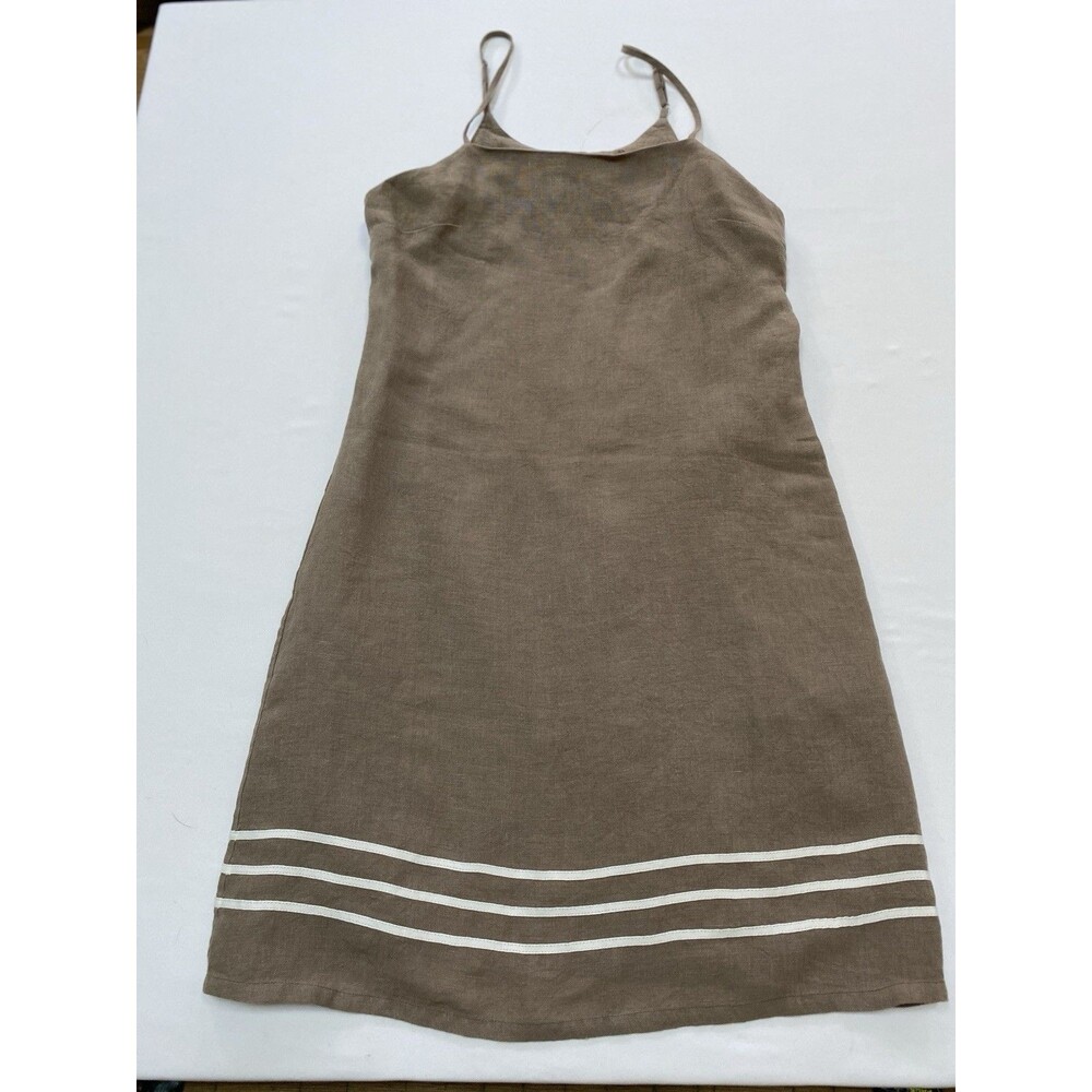 Navybleu Linen Striped Hem Mini Dress Small Brown Coastal Shift Sundress